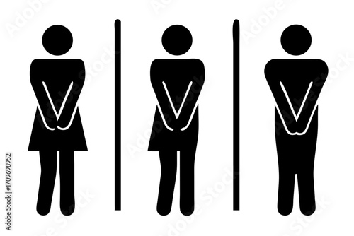 male and female restroom icon. Funny toilet couple symbol, desperate pee Girls and boy wc icon, fun bathroom door signs, humor public washroom , vector illustration