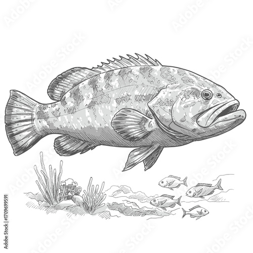 Goliath Grouper- Epinephelus itajara. Detailed pencil sketch of a large fish with smaller fish and underwater coral, realistic marine life drawing, ocean ecosystem black and white art illustration.
