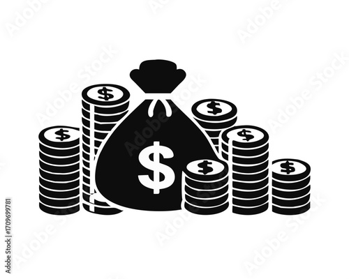 Money in Flat style . Dollars banknotes. money bag, Cash money, pile of coins. Vector icon illustration