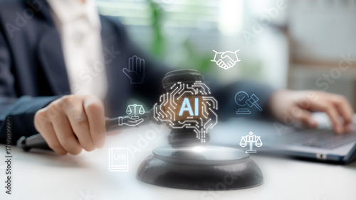 Artificial intelligence law and legal technology concept. Judge hand holding gavel with AI symbol. Innovation in justice, ethics, and digital regulation for business and technology future.