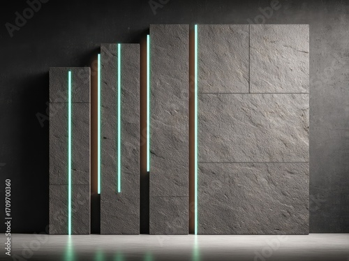 Modern, dark room with stacked stone wall and teal lights