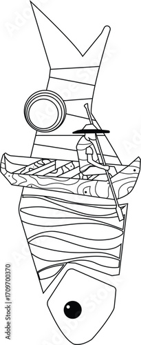 Surreal Illustration of a Rower in a Boat Inside a Fish