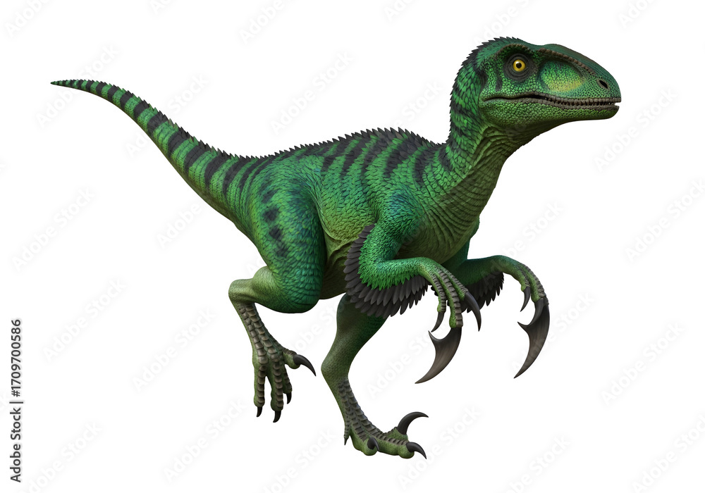 Fototapeta premium A vibrant green dinosaur, strikingly detailed, is set against a bold black backdrop.