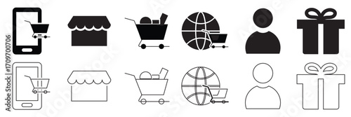 Online shopping icon. Collection of ecommerce icons showing smartphone shopping, storefront, cart, globe, user profile, and gift box for digital retail concepts.
