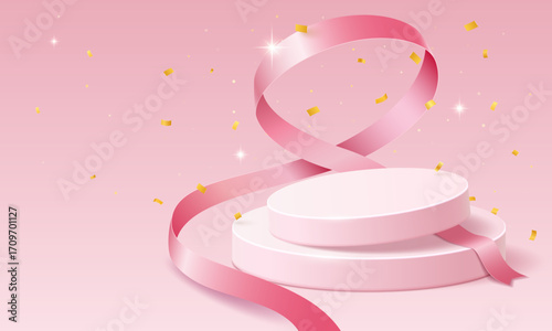 An elegant round podium with smooth orange silk ribbons on a light pink background with gold confetti, particles and bright stars. Vector 3d illustration.