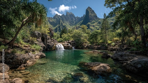 Tropical waterfall cascading into a tranquil pool, surrounded by lush greenery and dramatic mountains