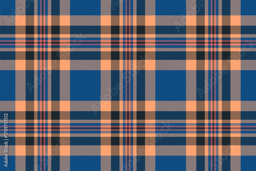 Repeating textile pattern texture, flowing vector background plaid. Frame check seamless fabric tartan in cyan and orange colors.