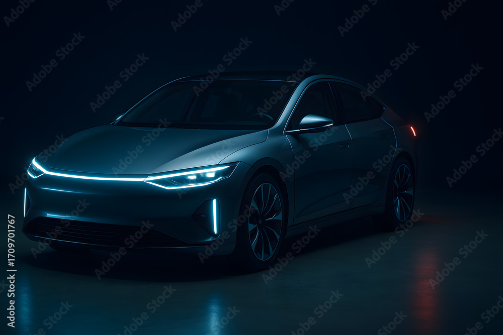 Obraz premium Modern electric car with futuristic LED lights in dark studio