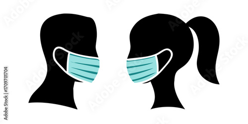 Woman and Man face silhouette in medical mask, Male and female head with mask for virus protection, protection business concept, Vector icon illustration.