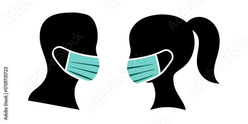 Woman and Man face silhouette in medical mask, Male and female head with mask for virus protection, protection business concept, Vector icon illustration.