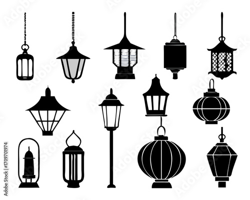 Set of Lanterns silhouettes vector icon. Japanese, Chinese. Arabic. European.