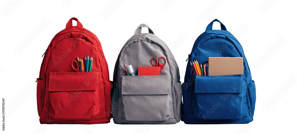 Fototapeta premium Three colorful backpacks, each with school supplies (1)