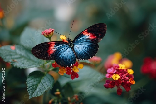 A butterfly with red  blue wings perched on multicolored flowers The background is blurred focusing attention on the butterfly and flowers