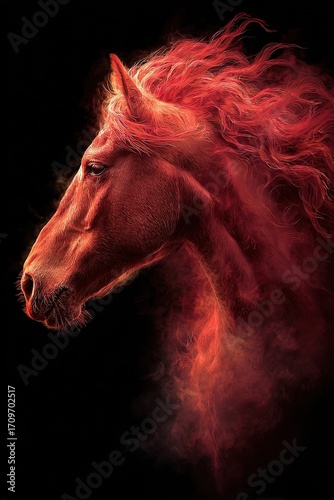 Majestic portrait of a red horse with flowing mane enveloped in fiery smoke against a black background, symbolizing the chinese new year 2026 and embodying strength, passion, and good fortune