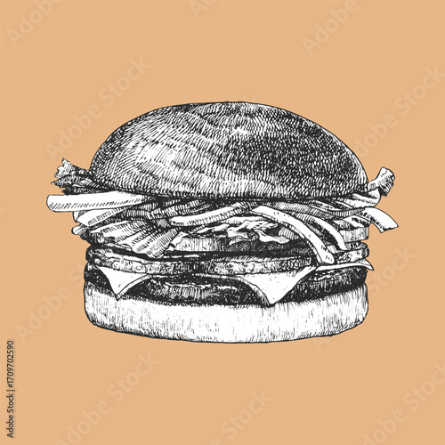 Burger Menu. Hand-drawn illustration of Burger. Ink. Vector	