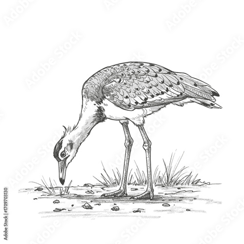MacQueen's Bustard. Realistic pencil sketch of a bird foraging on the ground, head down in grass, detailed avian drawing, feathers and natural habitat, black and white wildlife art illustration.

