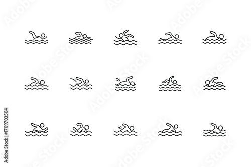Swimming Icon Set, Swimming Pool Icon, Swimmer Silhouette Icon, Water Sports Icon Pack, Swimming Activity Icon