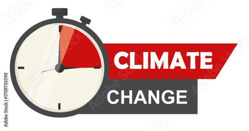 Red stopwatch timer with "Climate Change" text isolated on transparent background. Urgent Action Countdown. Climate change impact. Climate crisis. Climate governance. Marketing. Vector illustration