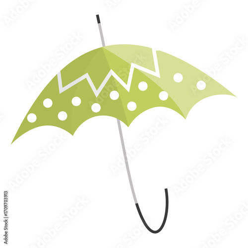 Playful graphic illustration of a modern light green umbrella with unique designs