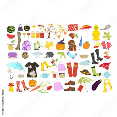 Vibrant Autumn Essentials A Diverse Collection of Seasonal Flat Lay Vector Illustration Set