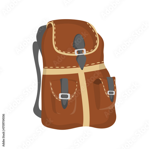 Brown vintage travel backpack illustration for hiking and adventure