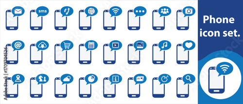 Phone icon set. Phone, smartphone, mobile, cellphone, handset, dial, call, incoming, outgoing, missed, ringtone, vibration, mute, keypad, button, touchscreen and more