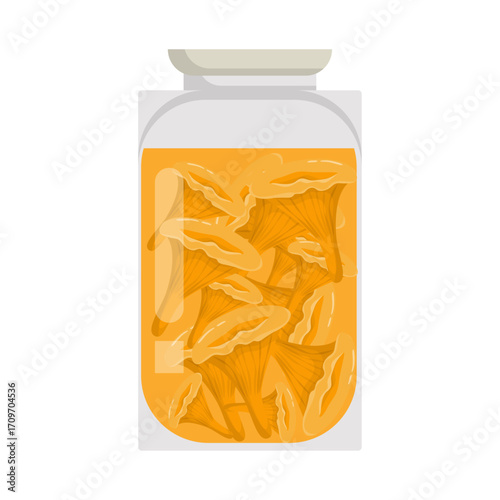 Chanterelle mushrooms preserved in a jar, illustration on white background