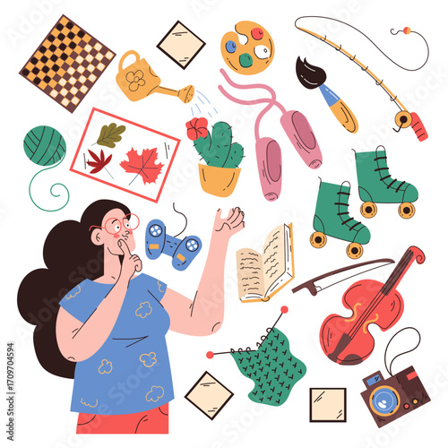 Thoughtful Woman Choosing a New Hobby From Many Different Activities Set