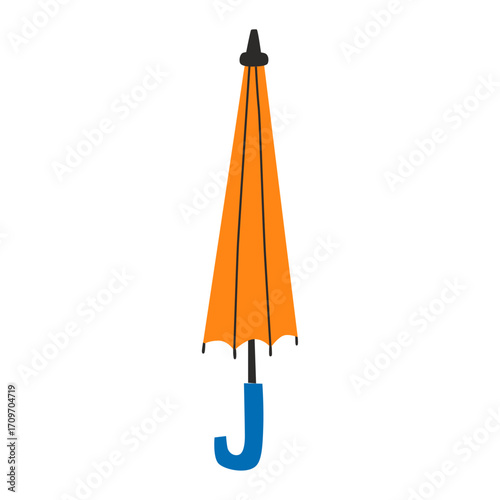 A vibrant orange closed umbrella with a bright blue handle, a simple flat design icon