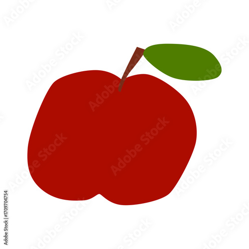 A single, vibrant red apple with a green leaf on a clean white background