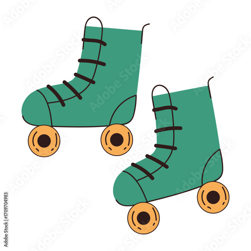 Charming hand-drawn illustration of classic green quad skates for retro fun