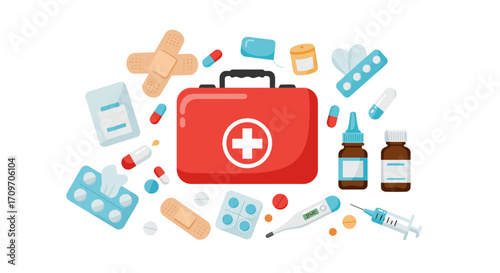 Red first aid kit with medical supplies for healthcare and emergency.