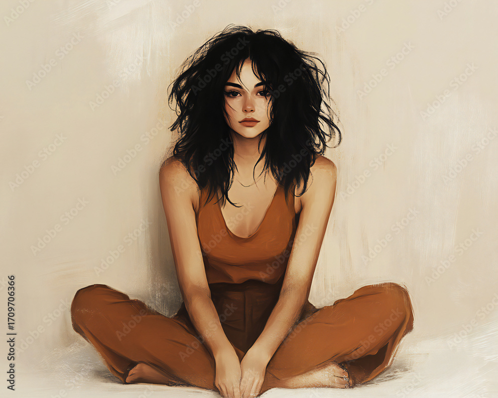 Naklejka premium Artistic depiction of a relaxed young woman with dark hair in a tranquil pose seated on the floor