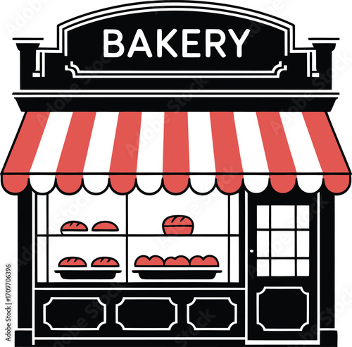 Classic Bakery Storefront with Striped Awning and Pastry Display Traditional Shop Vector Art