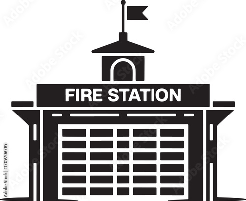 Detailed Fire Station Building Vector Illustration with Signage and Architectural Elements on Transparent