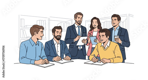Business meeting colleagues collaborate on project at modern office taking notes  sharing ideas for presentation teamwork growth success