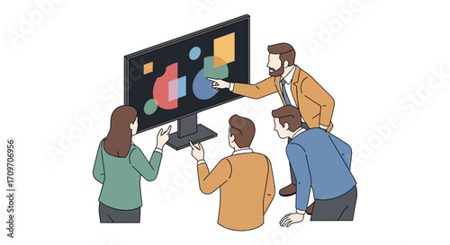business meeting data analysis team analyzing graphs on screen collaborating for successful market strategy in modern office innovation
