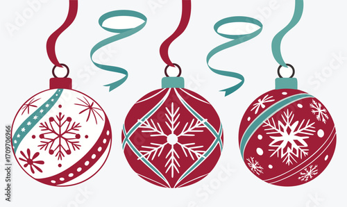 3D Glossy Christmas Ornaments Collection Shiny Metallic Baubles Holiday Vector