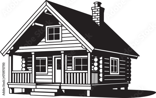 Detailed Silhouette of a Cozy Log Cabin with a Chimney and Porch on a Transparent Backdrop