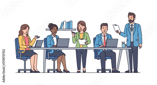 business meeting diverse team collaborating on laptops at a conference table manager leading the discussion ideal for teamwork and strategy concepts