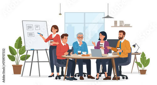 Business meeting in an office team collaboration around a table presenting ideas fostering brainstorming driving teamwork and encouraging innovation.