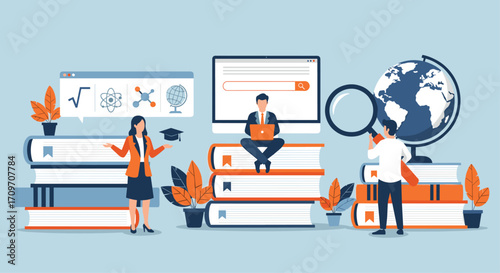 Students study online with books and globe symbolizing education knowledge and learning concepts