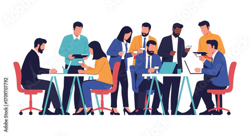 business meeting team collaborating at desks exchanging business cards in office illustrating teamwork networking  corporate communication.
