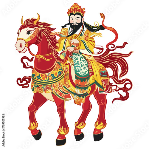god of wealth on horseback, new year, asia, vector, transparent background, festival, god of wealth, horse, ride