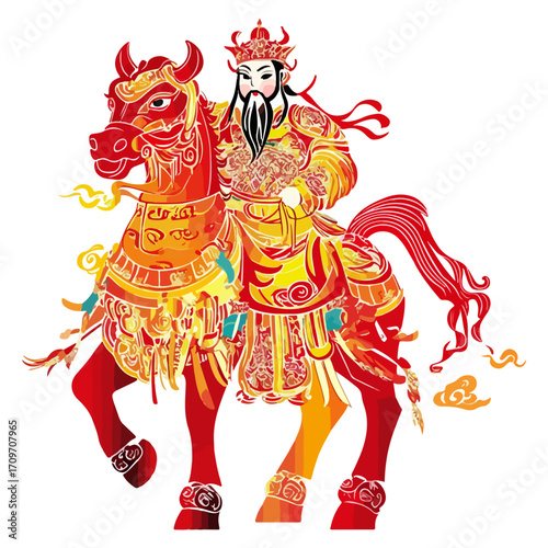 god of wealth on horseback, new year, asia, vector, transparent background, festival, god of wealth, horse, ride