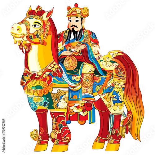 god of wealth on horseback, new year, asia, vector, transparent background, festival, god of wealth, horse, ride
