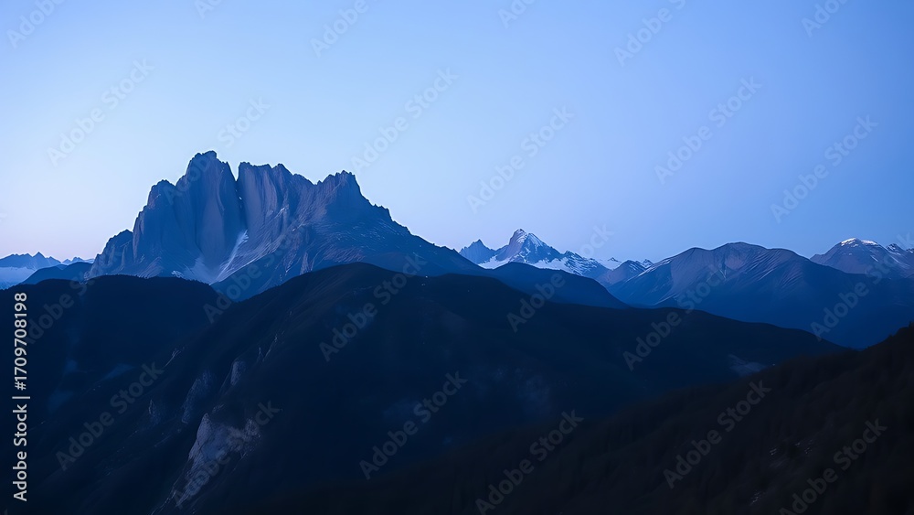 Fototapeta premium A mountain landscape during blue hour, with a soft twilight glow enhancing the natural scenery.
