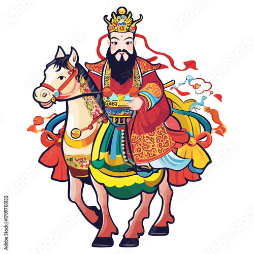 god of wealth on horseback, new year, asia, vector, transparent background, festival, god of wealth, horse, ride