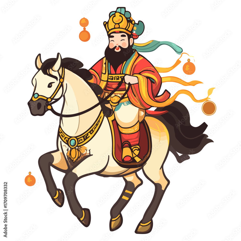 Fototapeta premium god of wealth on horseback, new year, asia, vector, transparent background, festival, god of wealth, horse, ride