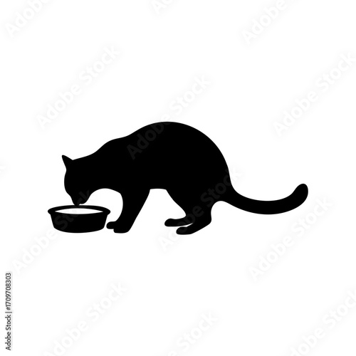 Silhouette of a cat drinking milk from a bowl, animal nutrition